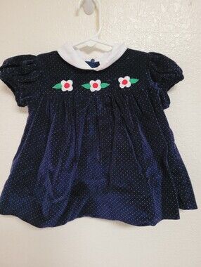 Vintage Baby Togs Navy Polka Dot Velvet Dress with Peter Pan Collar